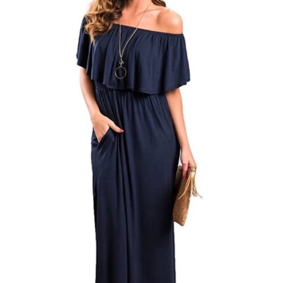 THANTH Off Shoulder Ruffle Navy Party Dress - Picture 3 of 10